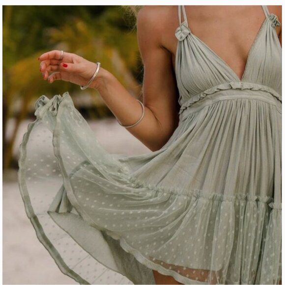 Free People 100 Degree Halter Mini Dress Tender Fern Light Green Medium Boho - Picture 3 of 14